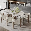 Modern Marble Dining Table With Woven Chairs In Open Kitchen With Natural Light 3d model