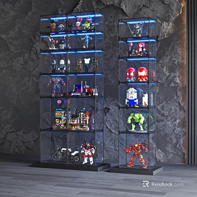 Transparent Display Shelves With Blue Lighting For Superhero Robot Toy Models 3d model 
