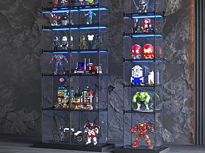 Transparent Display Shelves With Blue Lighting For Superhero Robot Toy Models 3d model
