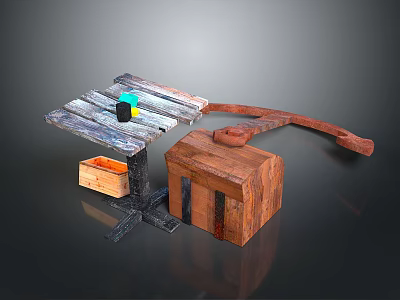 Rustic Wooden Table With Metal Frame Wooden Crate Colorful Blocks Black Cylinder And Curved Plank 3d model