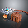 Rustic Wooden Table With Metal Frame Wooden Crate Colorful Blocks Black Cylinder And Curved Plank