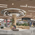 Shopping Mall Stores Interior With Circular Ceiling Wooden Decor Green Plants And Seating Area