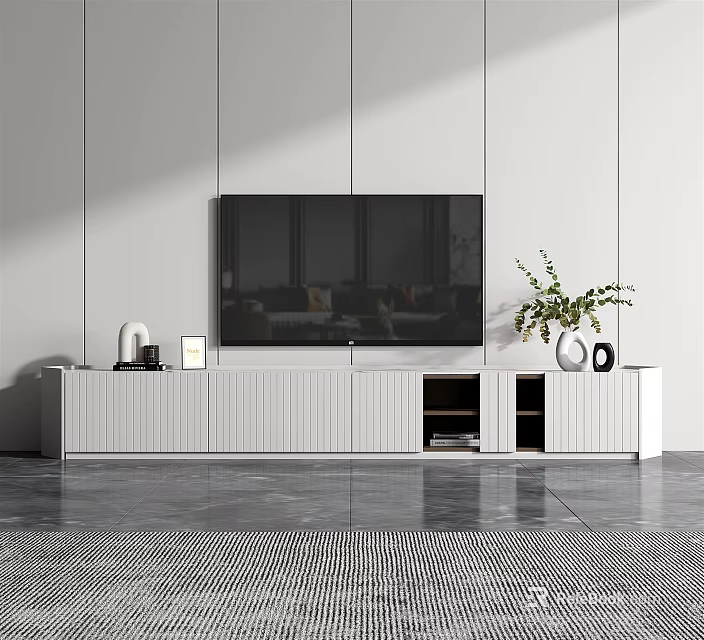 Modern White TV Stand with Storage and Decorative Items Holding Flat Screen TV 3d model 