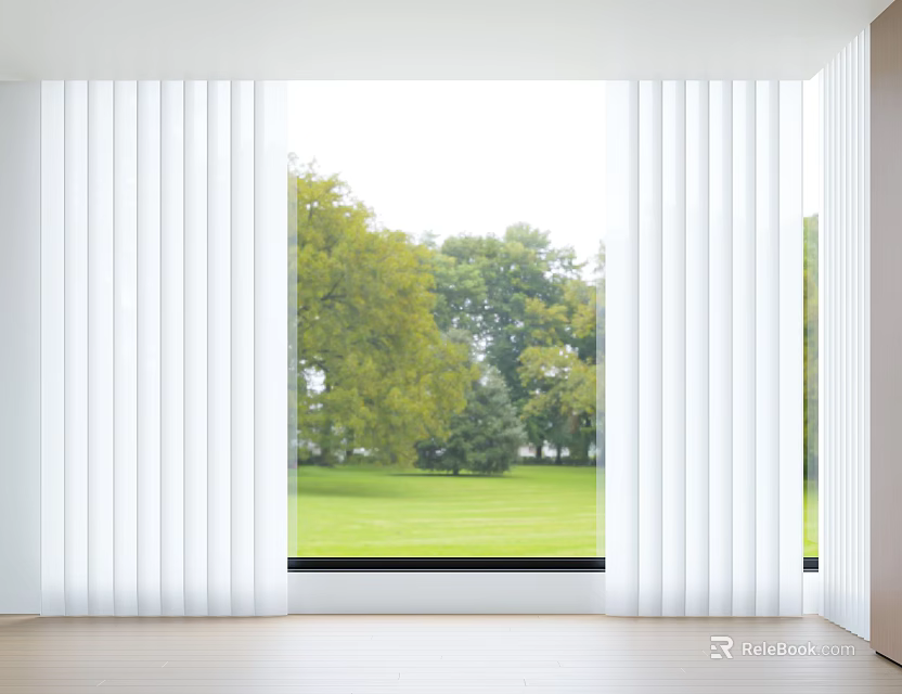White Curtains Framing Large Window With Green Lawn And Trees View In Bright Room 3d model 