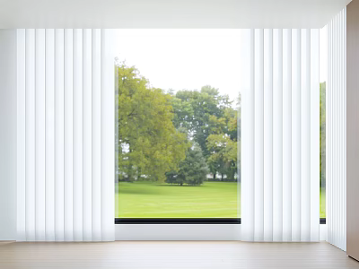 White Curtains Framing Large Window With Green Lawn And Trees View In Bright Room 3d model