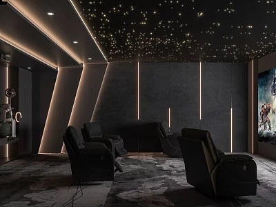 Modern Home Theater Room With Starry Ceiling Black Recliner Seats And Ambient Lighting 3d model