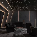 Modern Home Theater Room With Starry Ceiling Black Recliner Seats And Ambient Lighting