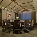 Private Dining Box Interior With Round Table Chairs Chandelier And Decorative Mural