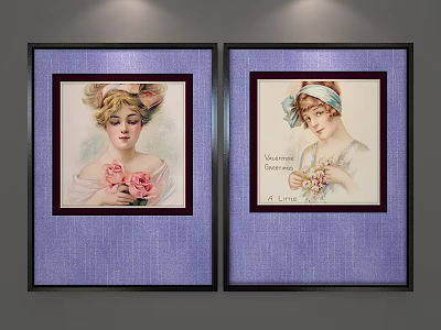 Two Framed Vintage Female Portraits With Floral Details And Purple Backgrounds 3d model
