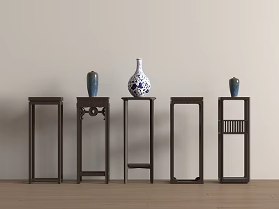Various Dark Wooden Plant Stands With Decorative Vases And Unique Designs 3d model