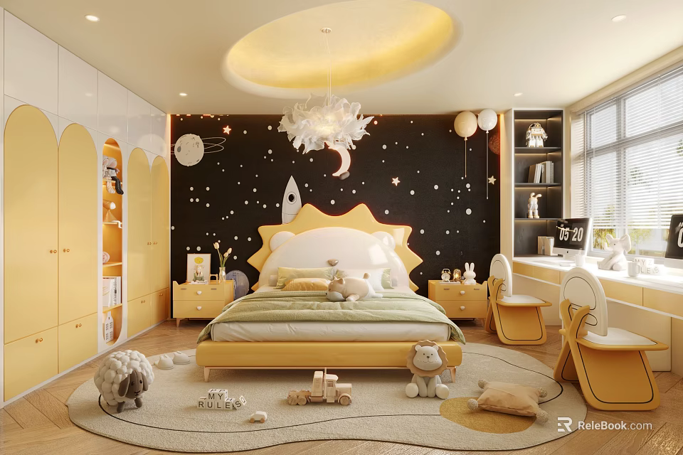 Kids Bedroom Interior With Starry Sky Theme And Yellow Furniture 3d model 