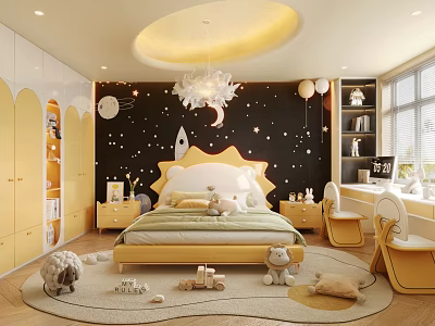 Kids Bedroom Interior With Starry Sky Theme And Yellow Furniture 3d model
