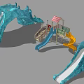 Kids Play Area With Wavy Blue Climbing Structures Orange Yellow Slides And Play Platforms