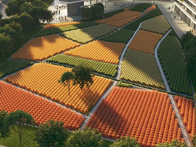 Vibrant Geometric Landscape With Orange Green Yellow Sections Trees And Surrounding Buildings 3d model