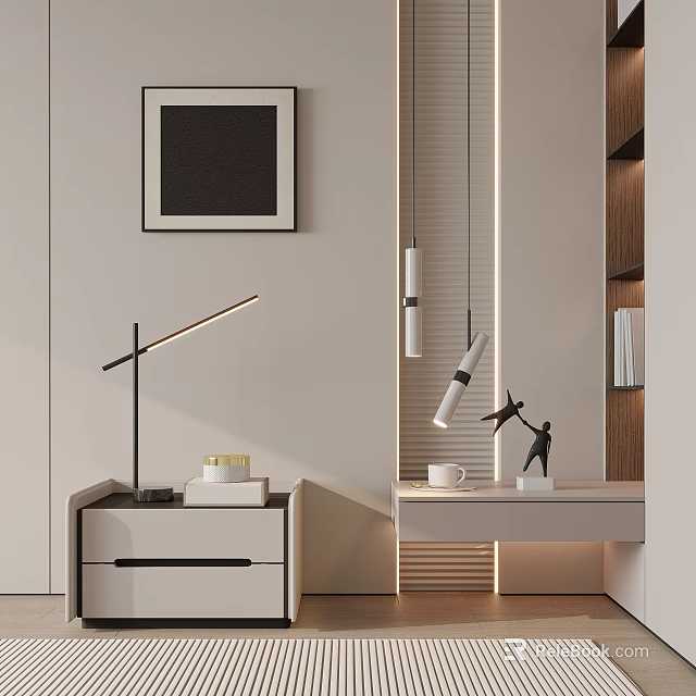 Modern Bedside Table Interior Design With Table Lamp And Decorative Figurine 3d model