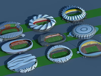 Various Modern Stadium Designs With Unique Architectural Structures And Green Fields 3d model