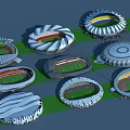 Various Modern Stadium Designs With Unique Architectural Structures And Green Fields 3d model