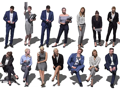 Group of Business People in Formal Attire Standing and Sitting in Professional Poses Holding Documents 3d model