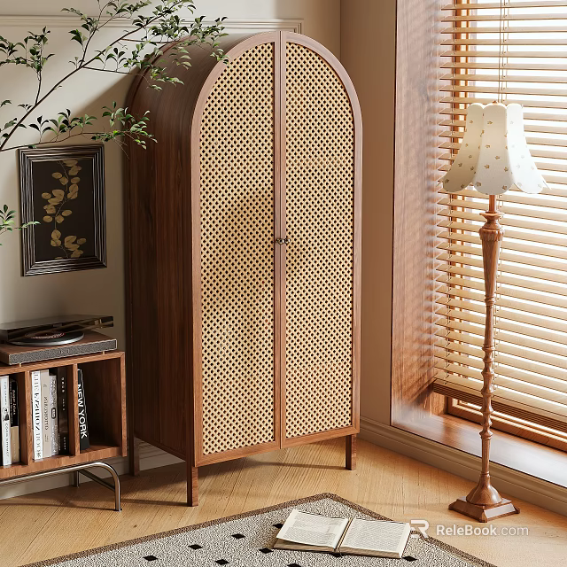 Natural Wooden Wardrobe With Rattan Door Panels In Bright Room With Floor Lamp And Bookshelf 3d model 