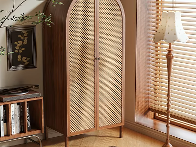 Natural Wooden Wardrobe With Rattan Door Panels In Bright Room With Floor Lamp And Bookshelf 3d model