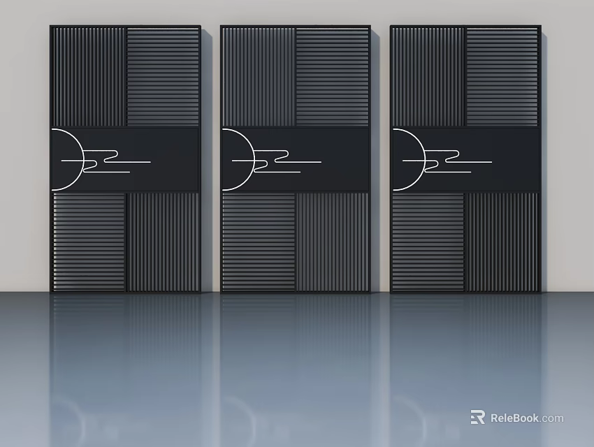Three Black Flush Doors With White Line Design On Light Colored Wall And Sleek Floor 3d model 