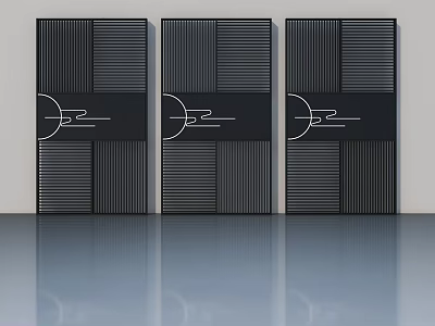 Three Black Flush Doors With White Line Design On Light Colored Wall And Sleek Floor 3d model
