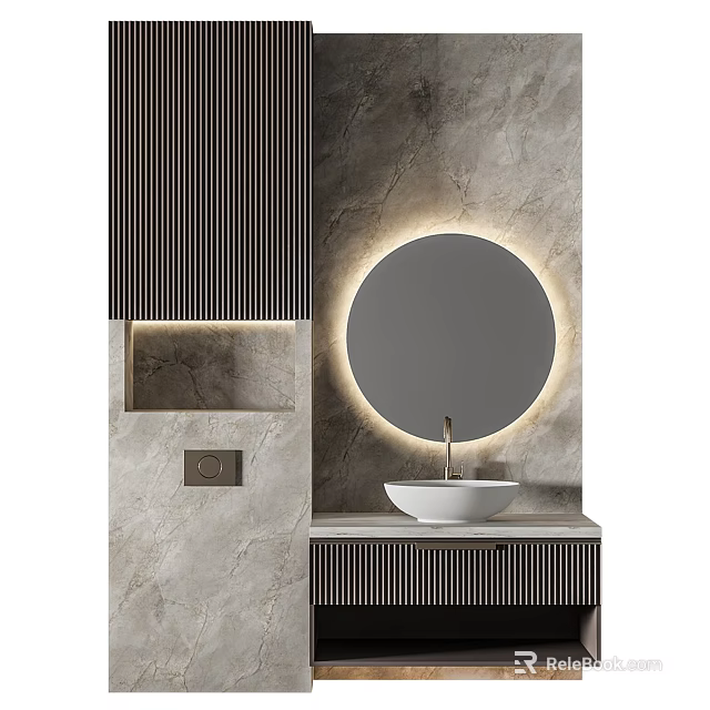 Modern Bathroom Interior With Backlit Round Mirror Striped Panels And Marble Countertop 3d model 