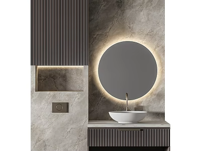 Modern Bathroom Interior With Backlit Round Mirror Striped Panels And Marble Countertop 3d model
