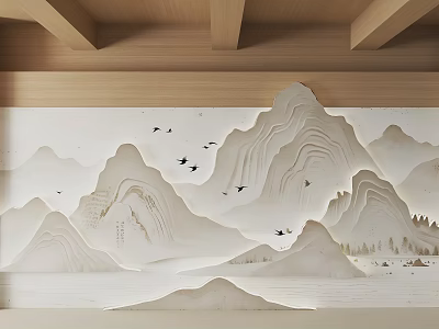 Traditional Chinese Wooden Background Wall With Mountain Relief And Flying Birds Design 3d model