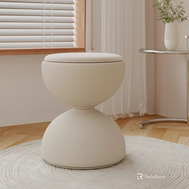 Modern White Round Stool On Wooden Floor With Curtain Window Blinds And Side Table Vase 3d model 