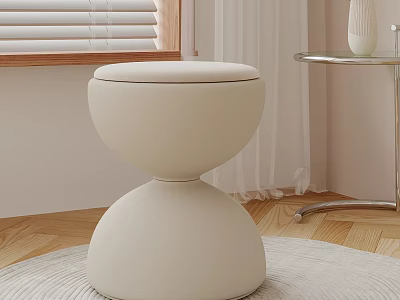 Modern White Round Stool On Wooden Floor With Curtain Window Blinds And Side Table Vase 3d model