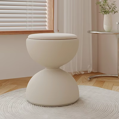Modern White Round Stool On Wooden Floor With Curtain Window Blinds And Side Table Vase 3d model
