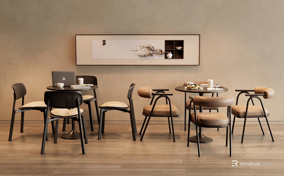 Modern Minimalist Table And Chair Set With Round Tables Comfortable Chairs And Decorative Painting 3d model 