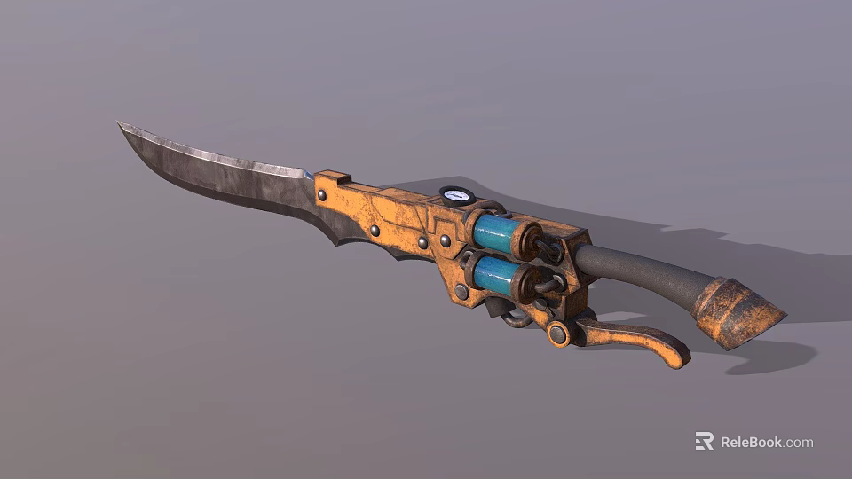 Futuristic Mechanical Weapon With Sharp Blade Blue Cylindrical Parts And Orange Metal Frame Black Handle 3d model 