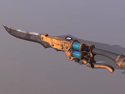 Futuristic Mechanical Weapon With Sharp Blade Blue Cylindrical Parts And Orange Metal Frame Black Handle 3d model