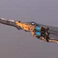Futuristic Mechanical Weapon With Sharp Blade Blue Cylindrical Parts And Orange Metal Frame Black Handle