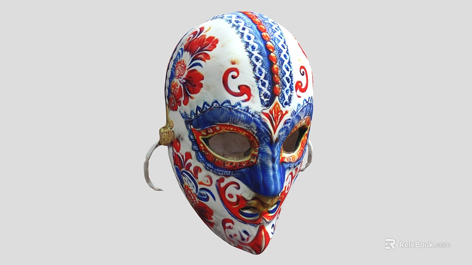 Ornate Painted Mask With Floral Patterns And Ear Loops 3d model 