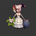 Pink Haired Girl In White Dress Holding Flower Bouquet And Blue Chubby Heart Pattern Creature