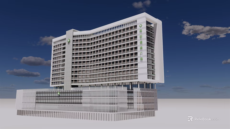 White Curved Modern Building With Multi story Windows And Attached Lower Structure 3d model 