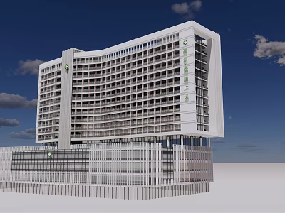 White Curved Modern Building With Multi story Windows And Attached Lower Structure 3d model
