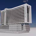White Curved Modern Building With Multi story Windows And Attached Lower Structure 3d model