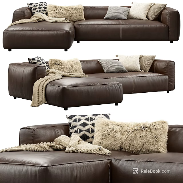 Modern Brown Leather Sectional Sofa With Decorative Pillows And Throw Blanket 3d model 