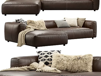 Modern Brown Leather Sectional Sofa With Decorative Pillows And Throw Blanket 3d model
