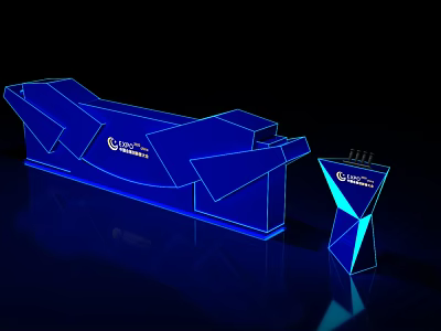 Illuminated Blue Geometric Exhibition Stand With UNIWORLD Logo And Modern Design 3d model