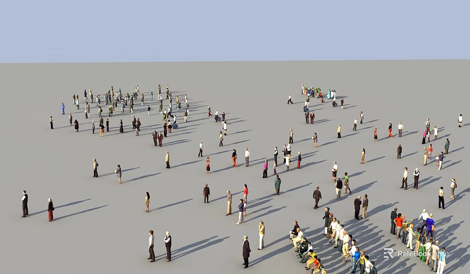People In Crowd Standing And Walking On Open Gray Ground 3d model