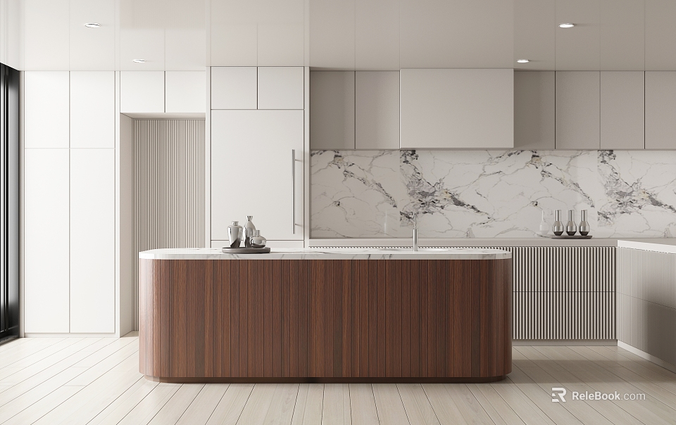 Modern Kitchen Interior With Wooden Island Counter White Cabinets And Marble Backsplash 3d model 