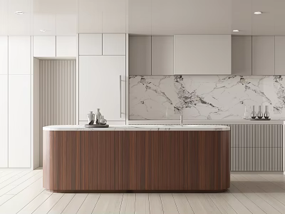 Modern Kitchen Interior With Wooden Island Counter White Cabinets And Marble Backsplash 3d model