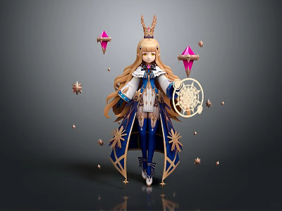 Magical Fantasy Game Character With Long Blonde Hair Crown Star Shaped Ornaments Holding Magic Compass 3d model