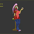 3D Character With Purple Ponytail In Orange Black Bodysuit Sitting On Bar Stool Holding Glass