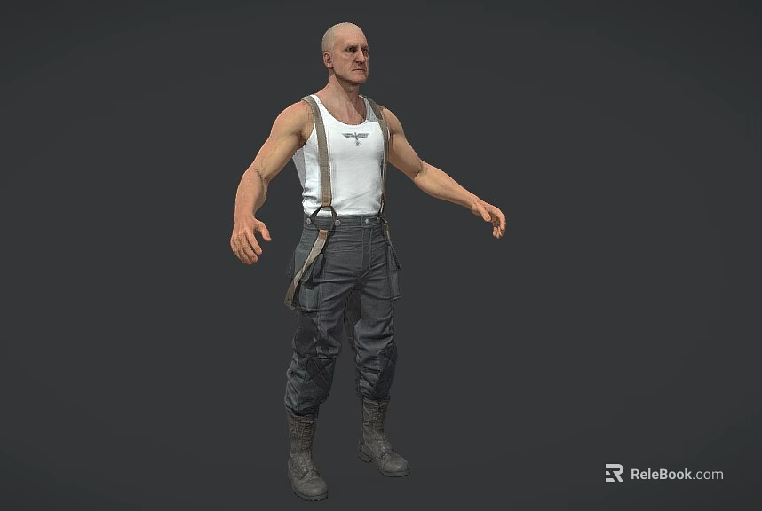 Muscular Bald Man 3D Model In White Tank Top With Suspenders Dark Pants And Boots 3d model 